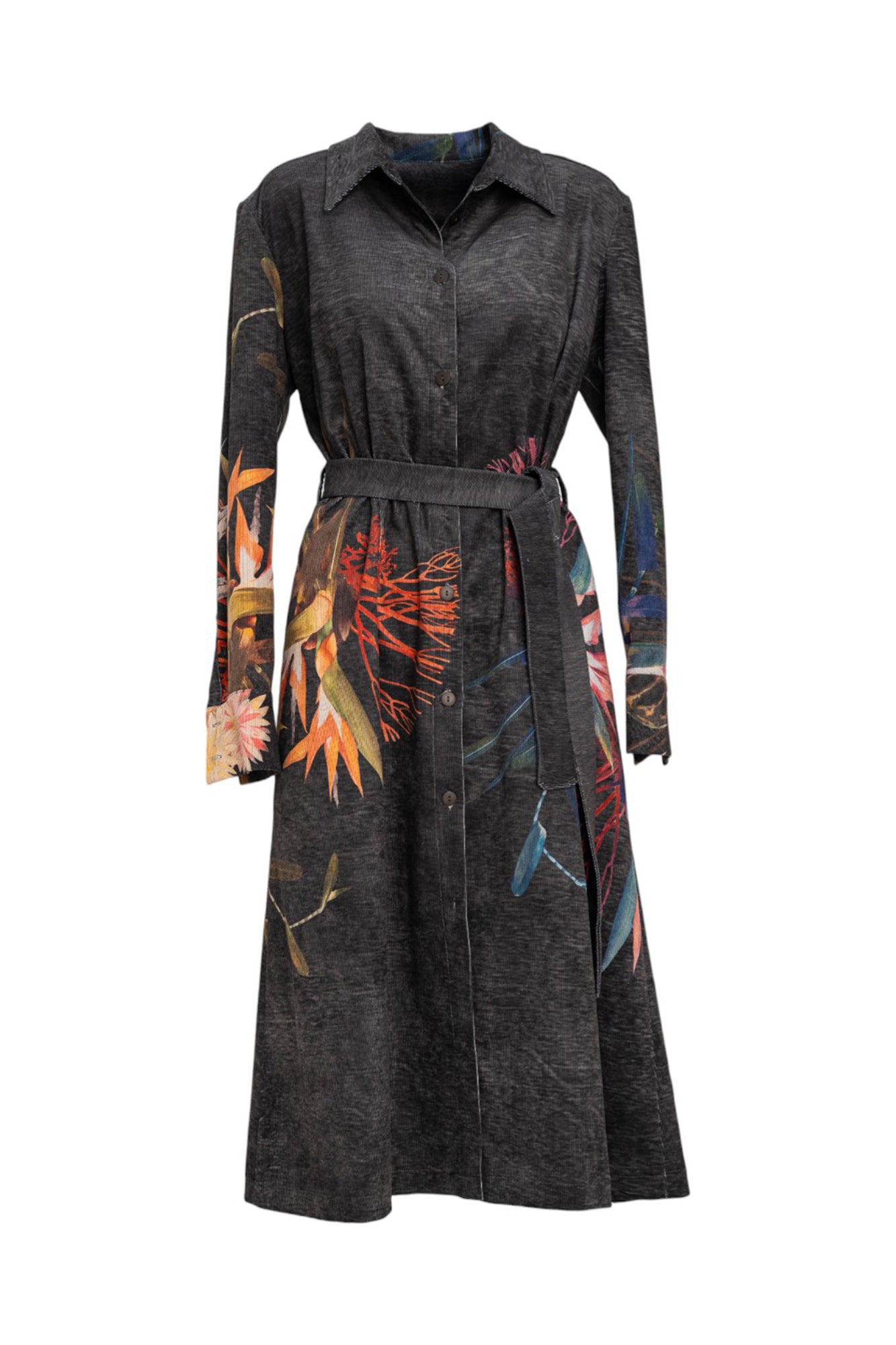 Washed Black Corduroy Shirt Dress with inset belt midi cut