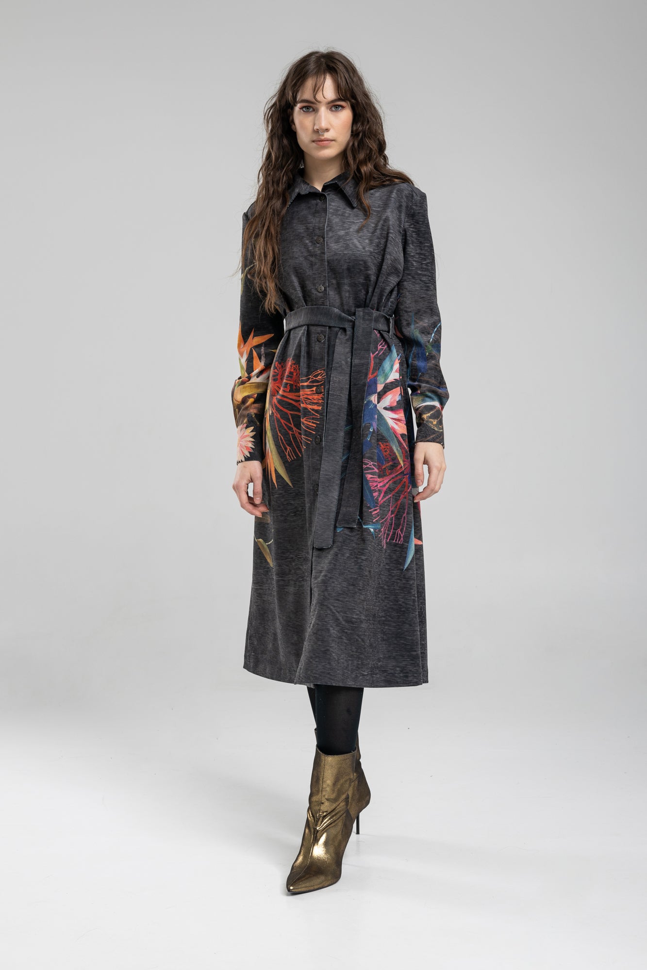 Beauty Washed Black Corduroy Floral Printed Shirt Dress