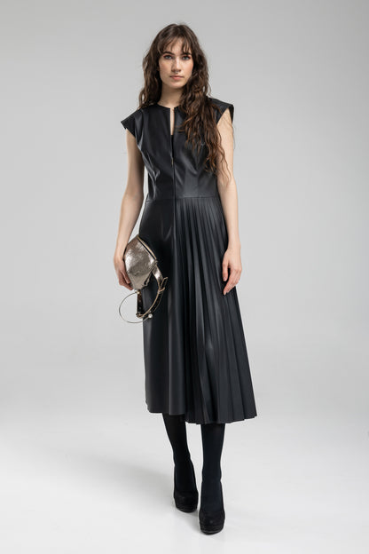 Pleated Zipped vegan leather dress