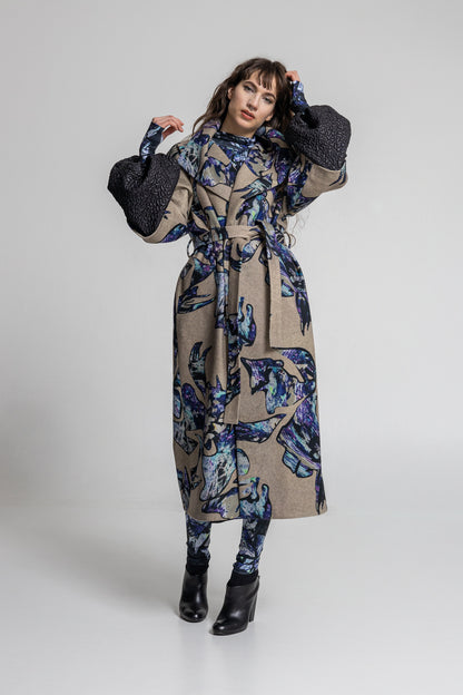 overlapped printed maxi coat with quilted puffy sleeves