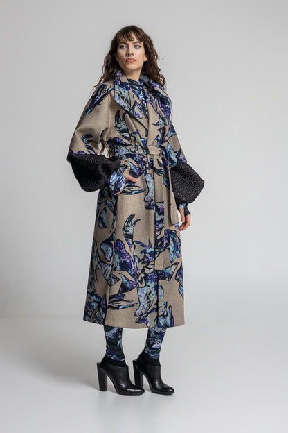 overlapped printed maxi coat with viscose lining