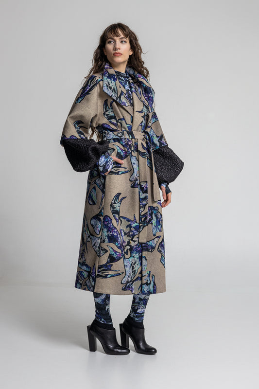 overlapped printed maxi coat with viscose lining