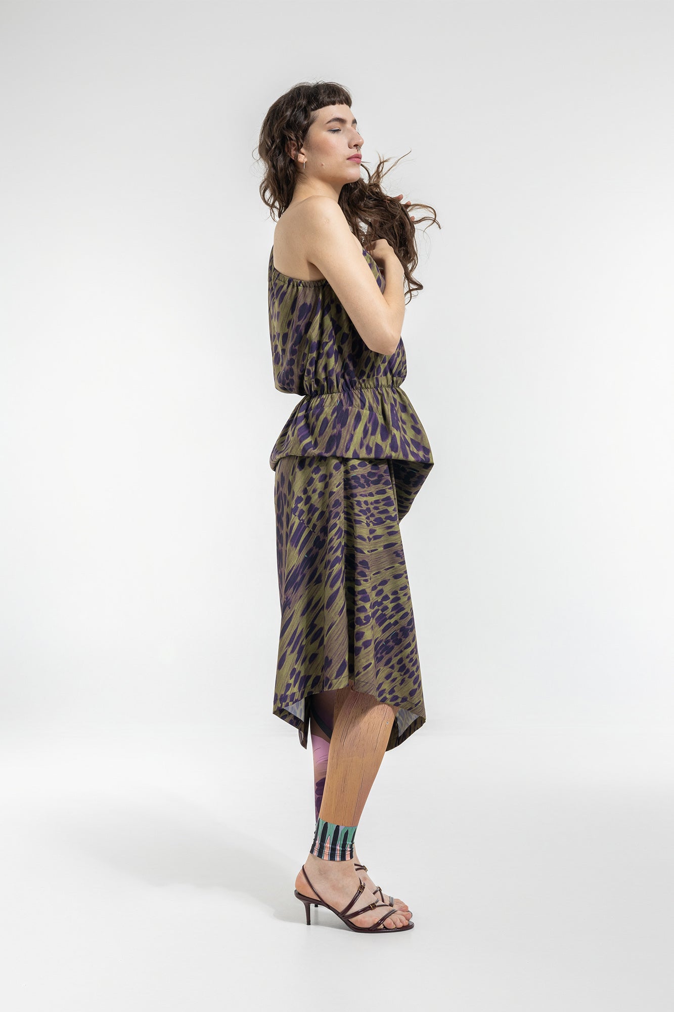 one shoulder midi dress elastic waist