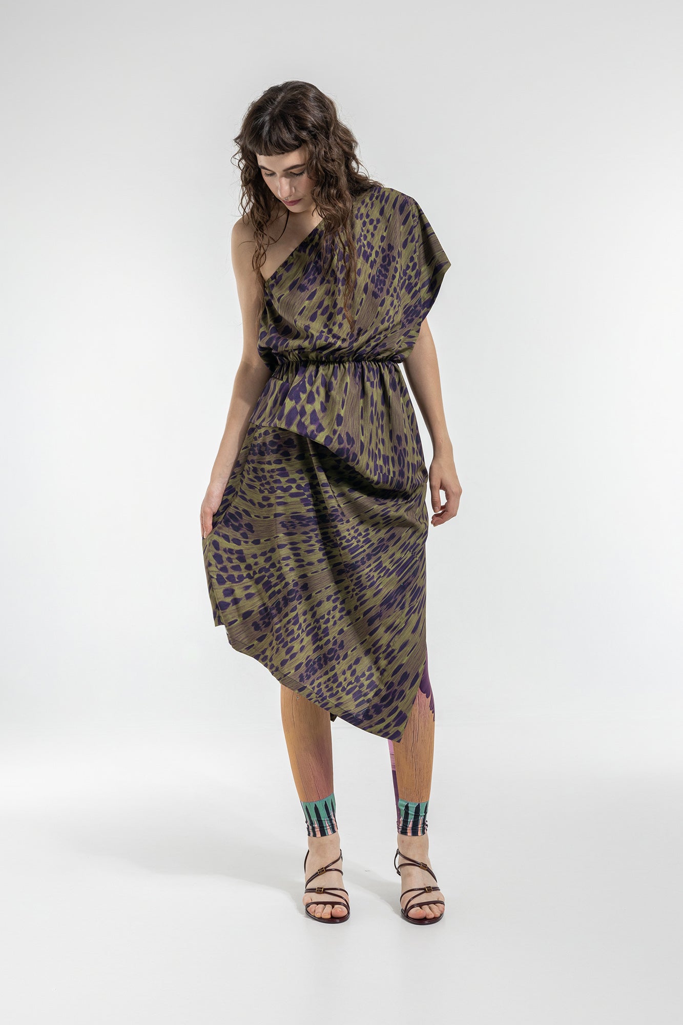 one shoulder midi dress with folds on right side
