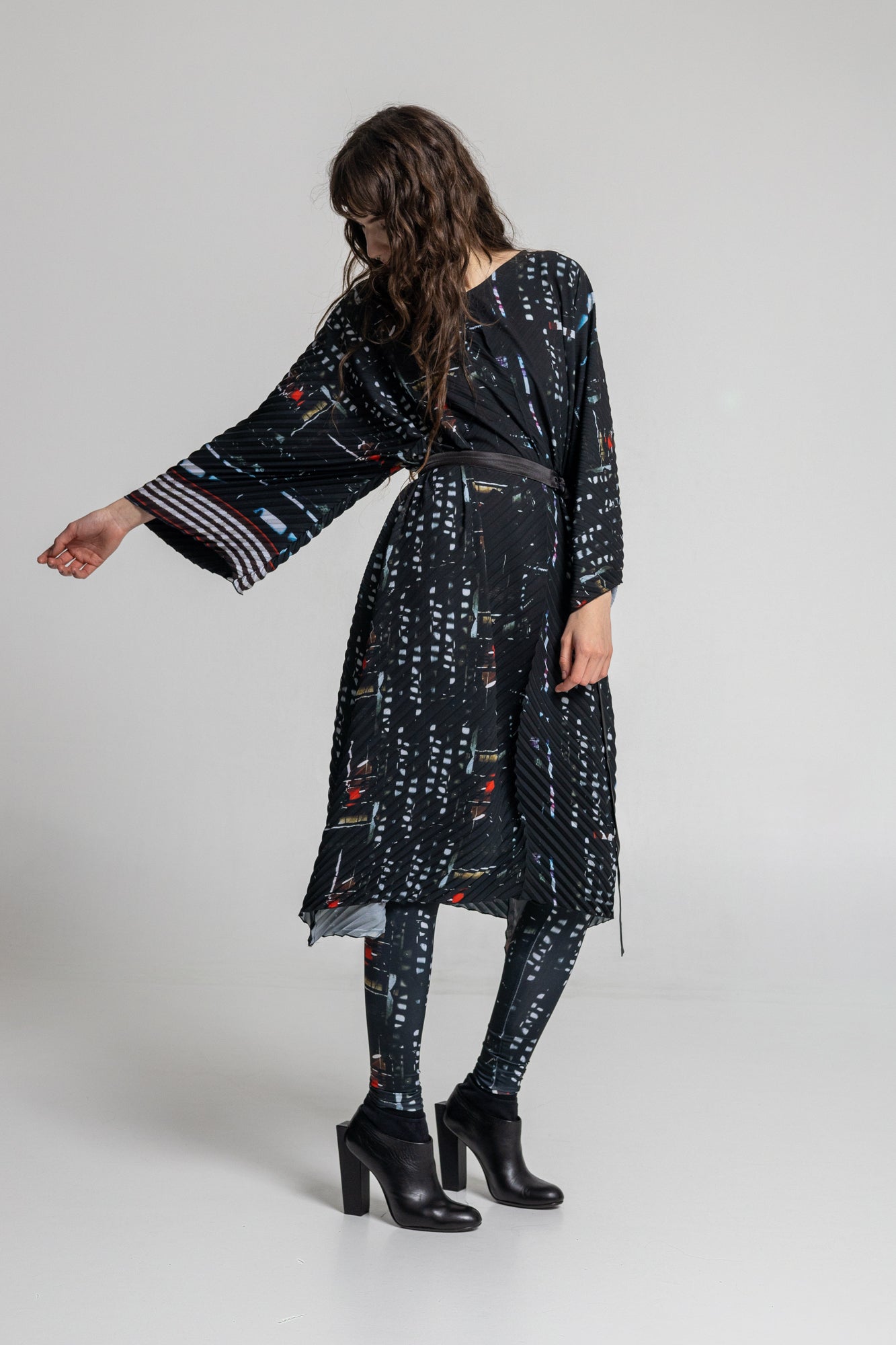 pleated midi dress with 7/8 length kimono style sleeves