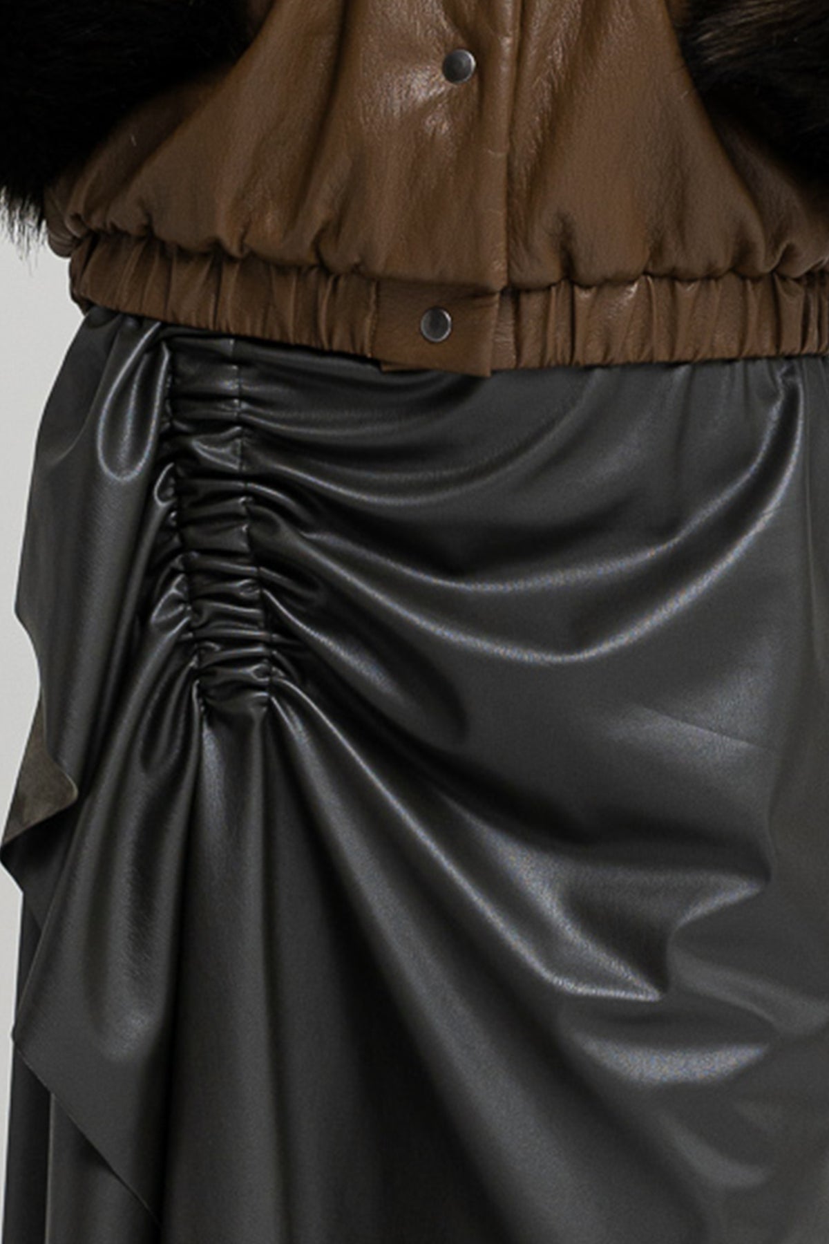 asymmetric midi skirt gathered on front which ends in frill artista budapest