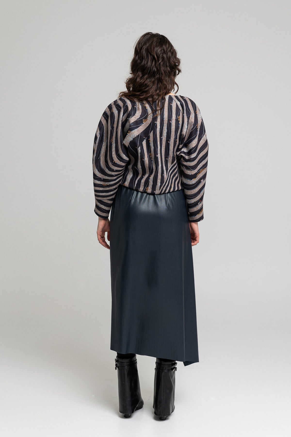 eco-leather gathered midi skirt with asymmetric hemline artista budapest
