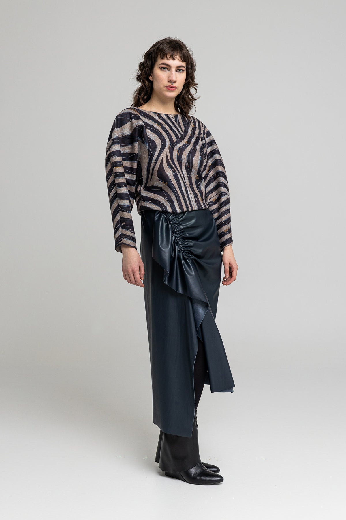 eco-leather gathered midi skirt with slit on right artista budapest