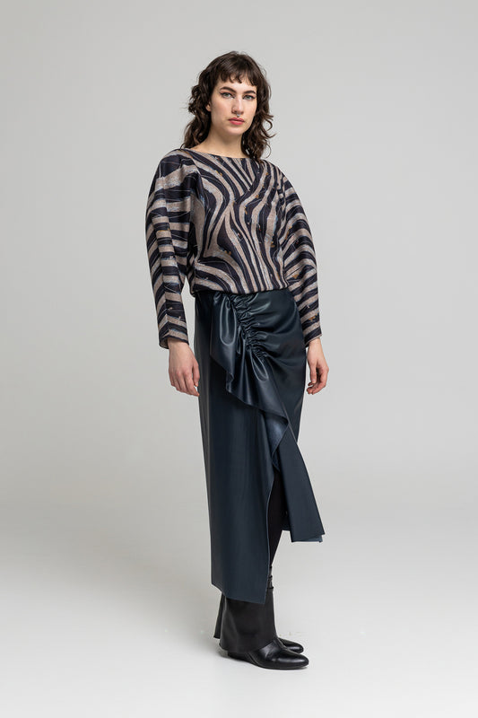 eco-leather gathered midi skirt with slit on right artista budapest