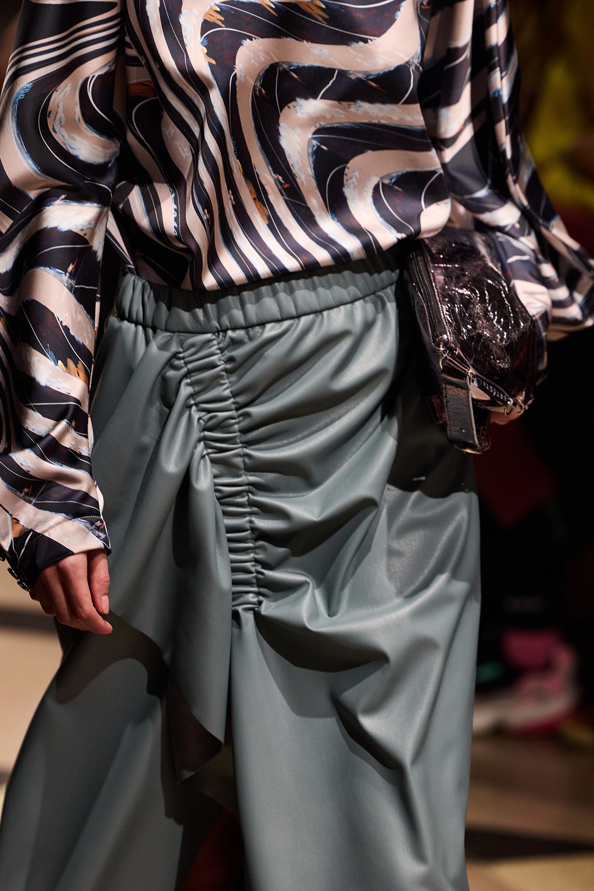 Celeste Sky Gathered Midi Skirt BCEFWAW26 closeup artista budapest