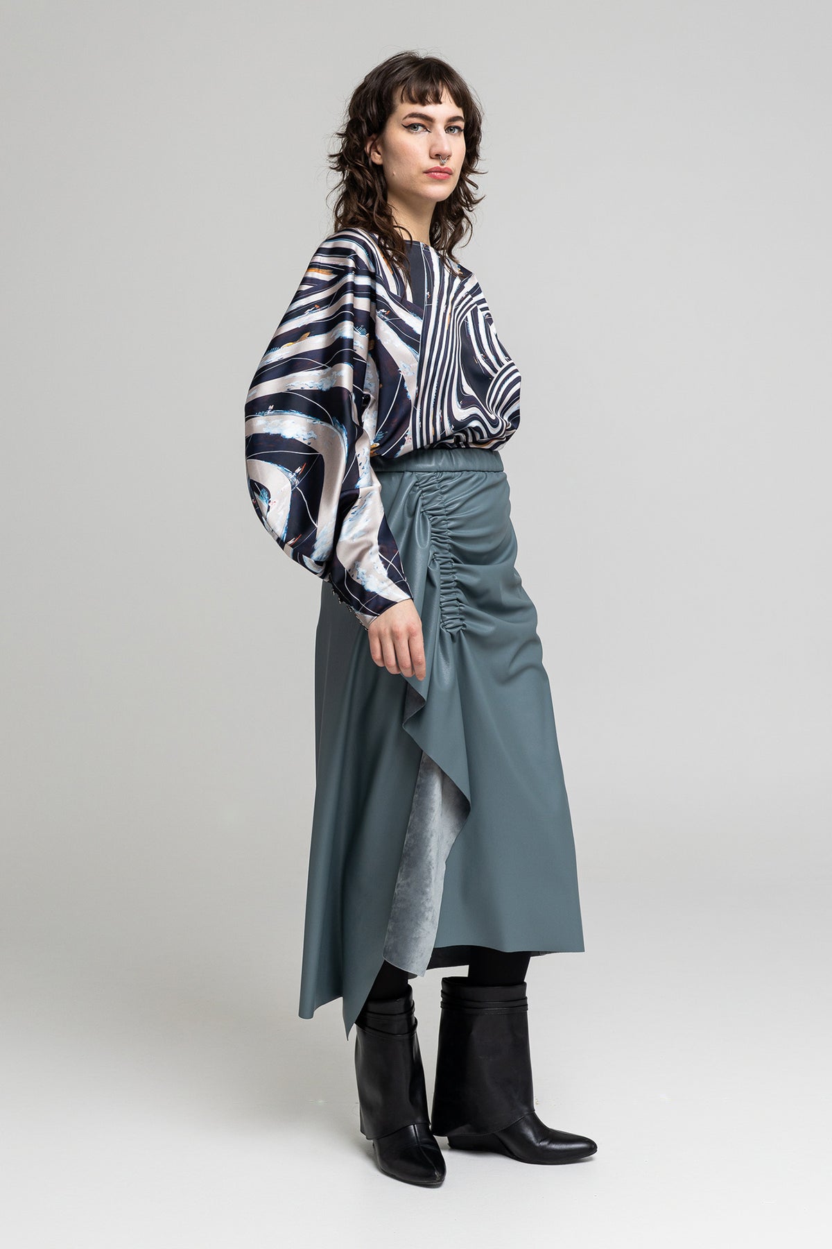eco-leather gathered midi skirt aith asymmetric hemline artista budapest