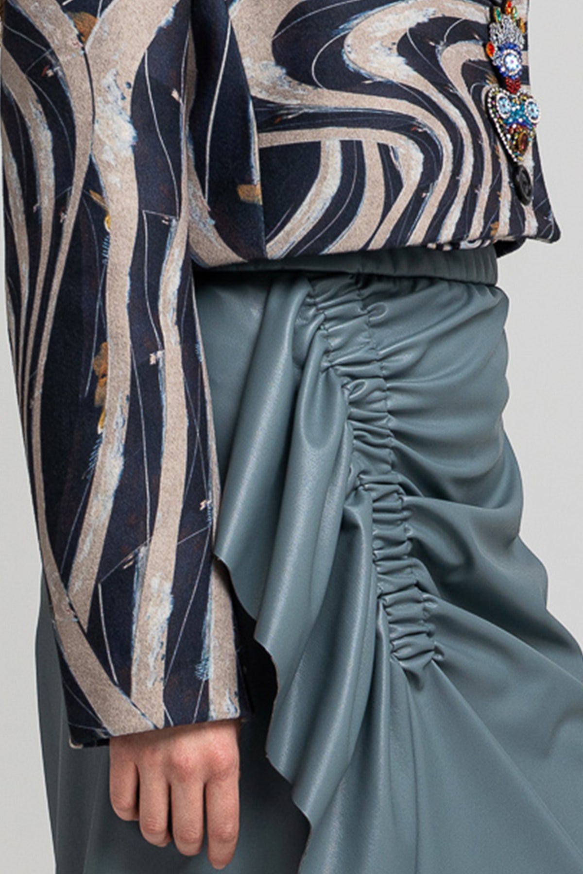 eco-leather midi skirt with gathered detail on front artista budapest