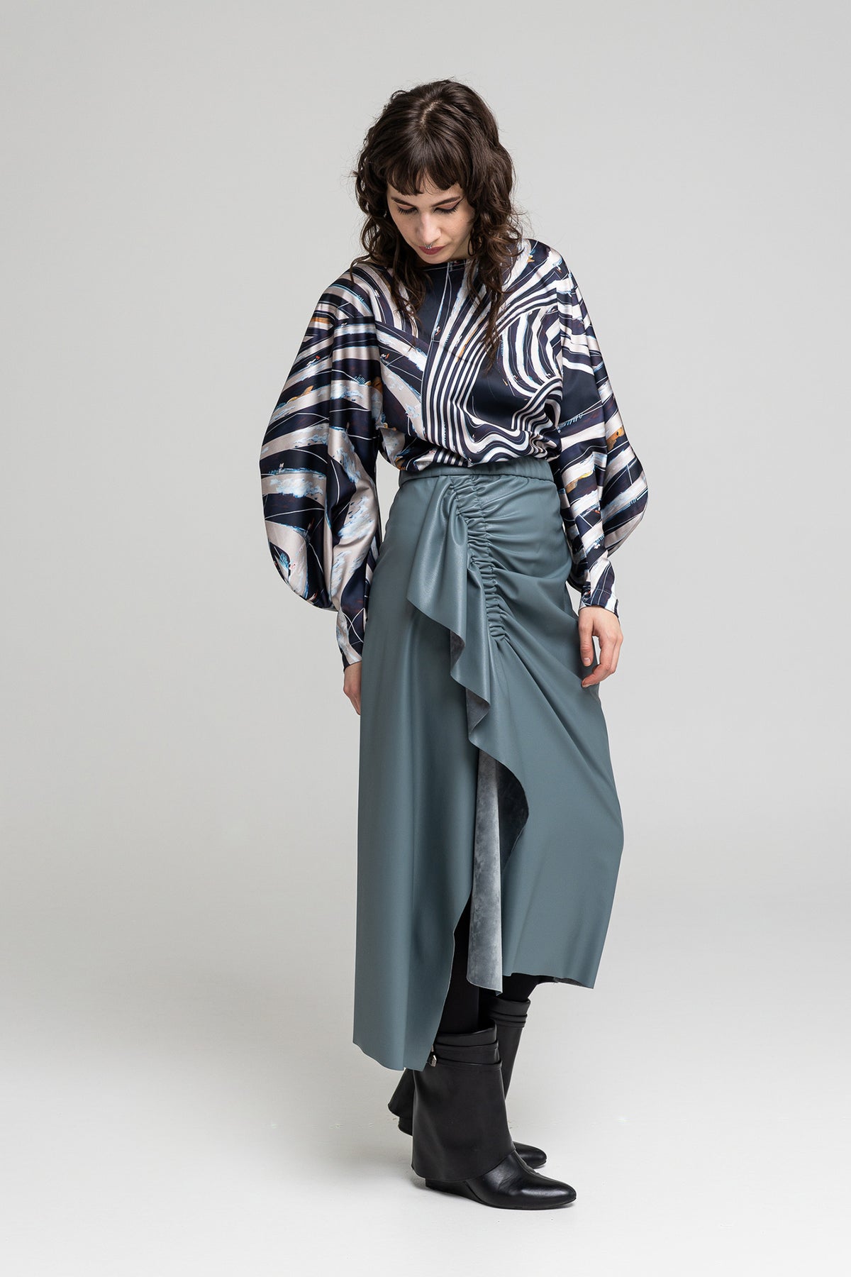 eco-leather midi skirt gathered on front ends in frill artista budapest