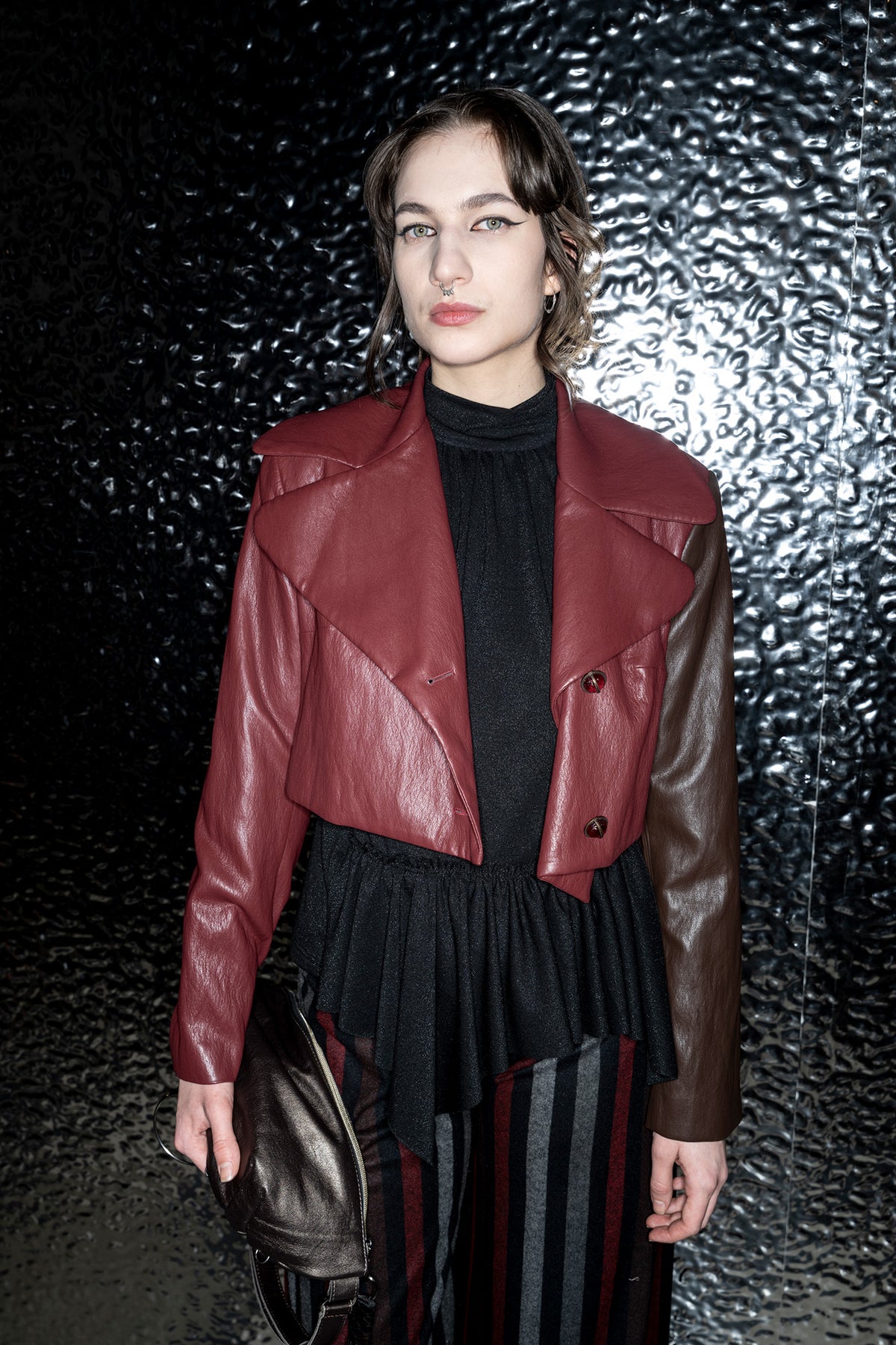 Crimson Eco-Leather Cropped Jacket at Budapest Central European Fashion Week bts artista budapest