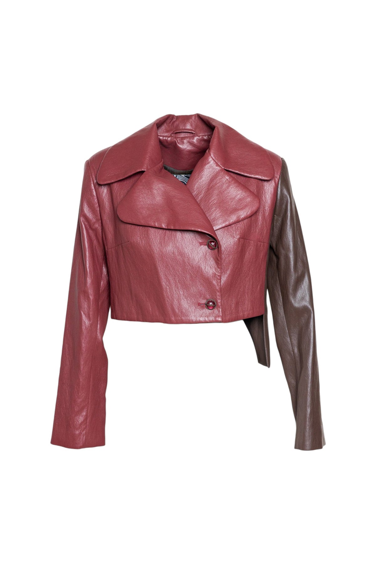 A cropped eco-leather jacket with a dark burgundy red body and a contrasting dark brown sleeve, shown against a plain white background.