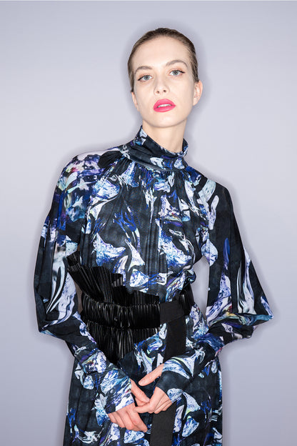 turtleneck midi dress with unique blue toned crystal like print