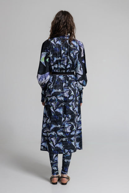 turtleneck midi dress with inset black satin tie belt at waist