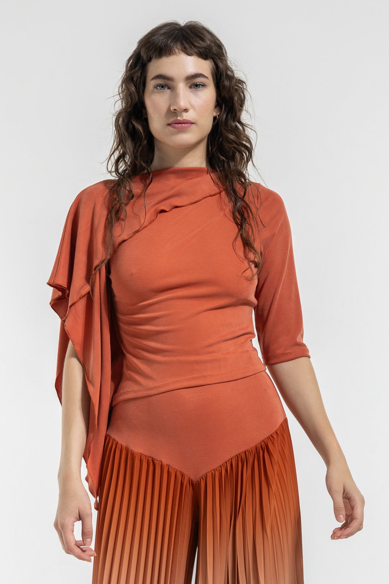 asymmetric terracotta coloured top