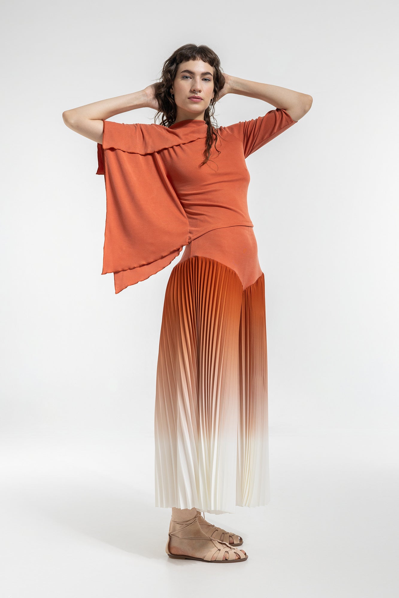 asymmetric sleeves terracotta top