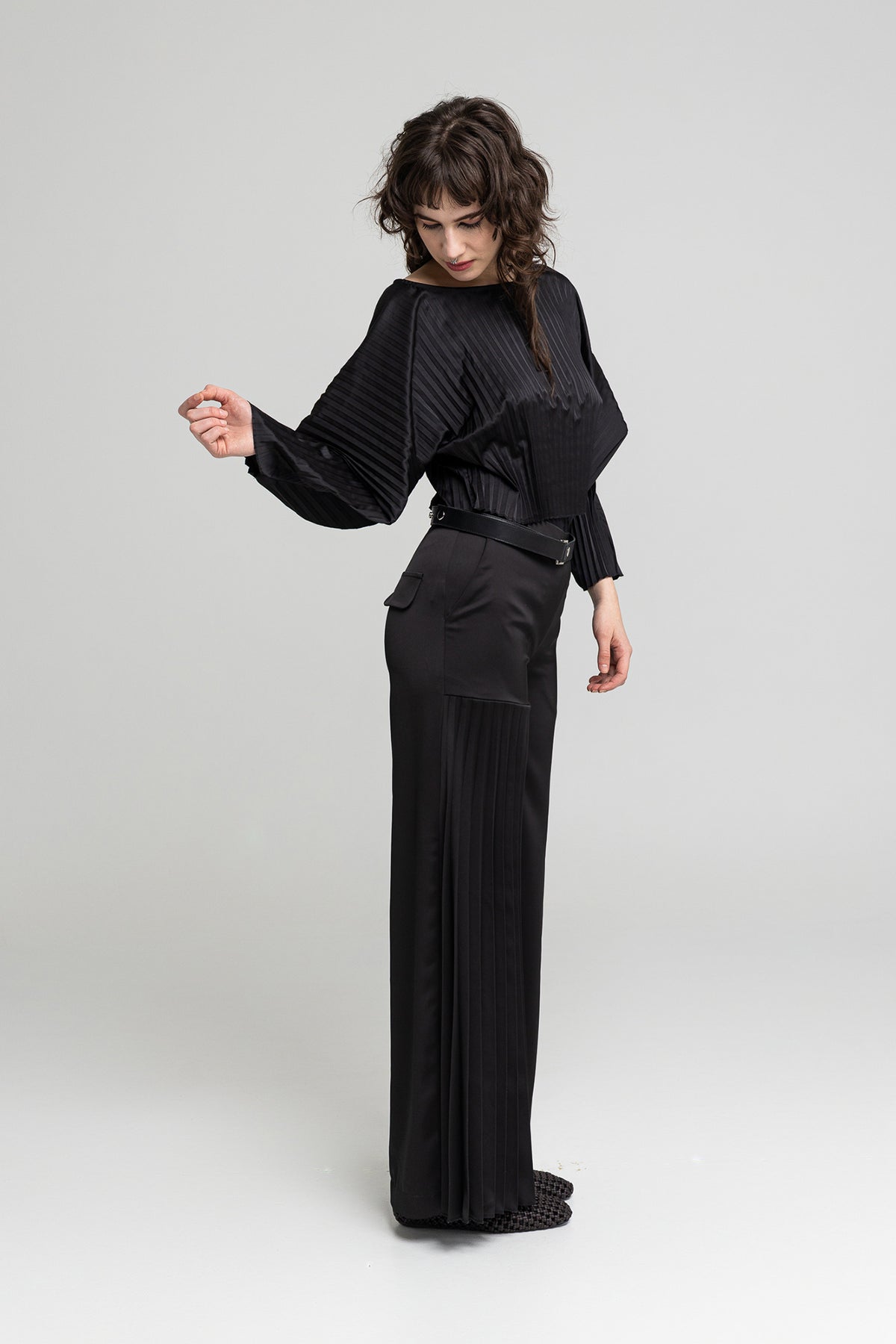 satin pleated blouse with long geometric sleeves artista budapest