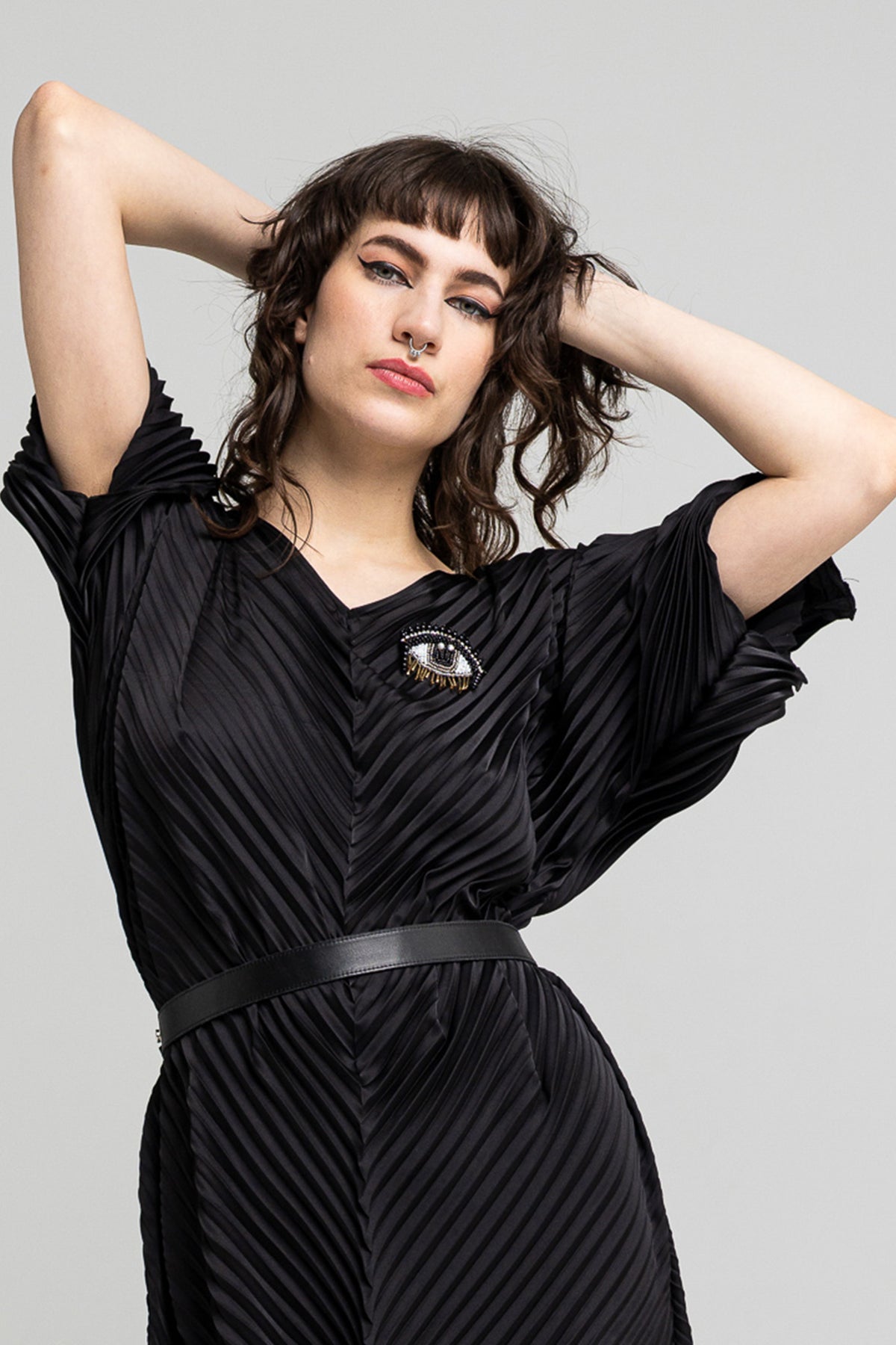 satin fully pleated maxi dress with embellishment on breast artista budapest
