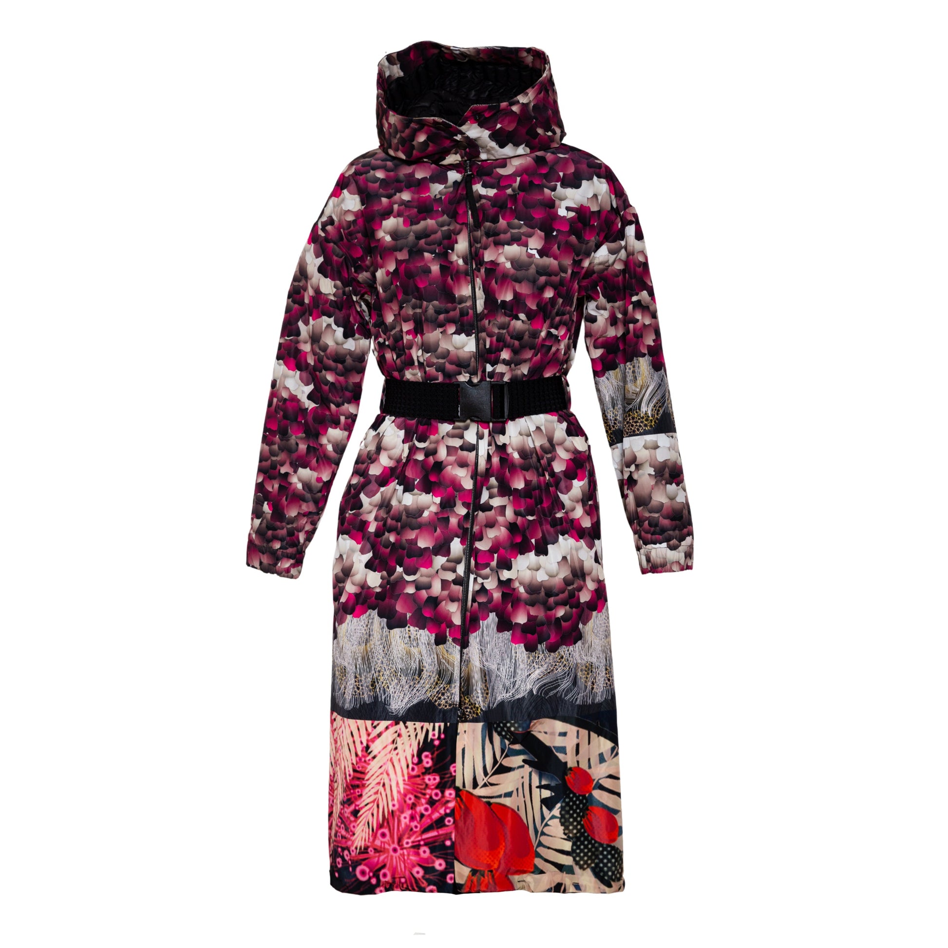 unique printed parka style jacket with elastic belt