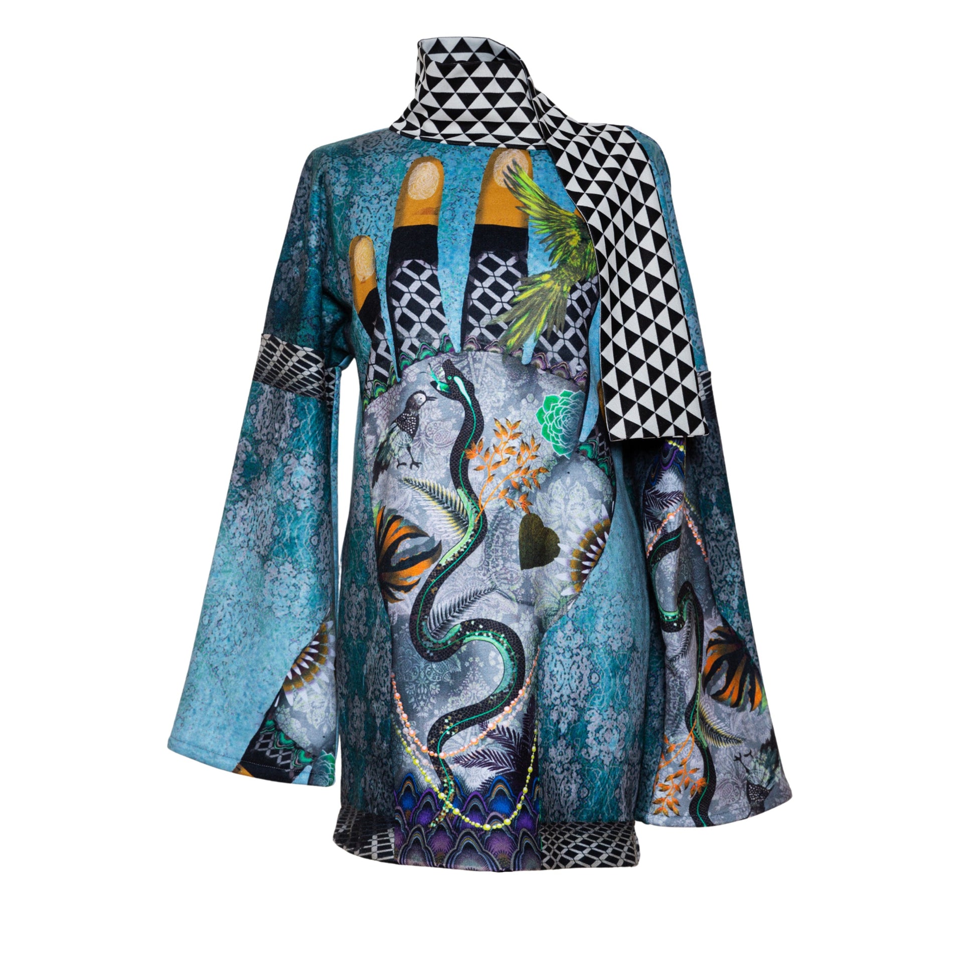 unique printed tunic with bell sleeves