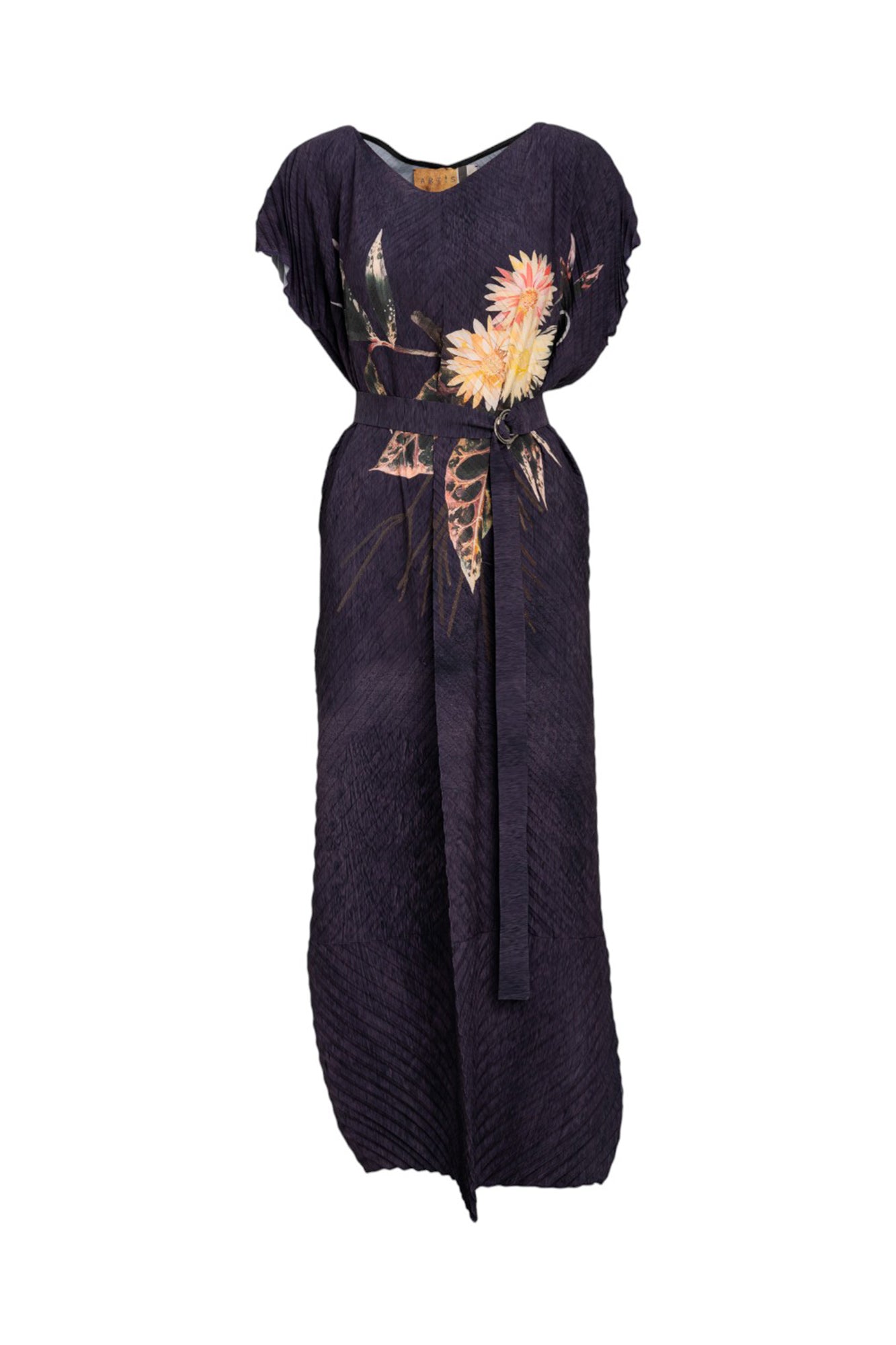 Pleated Maxi Dress with asymmetric floral print on front