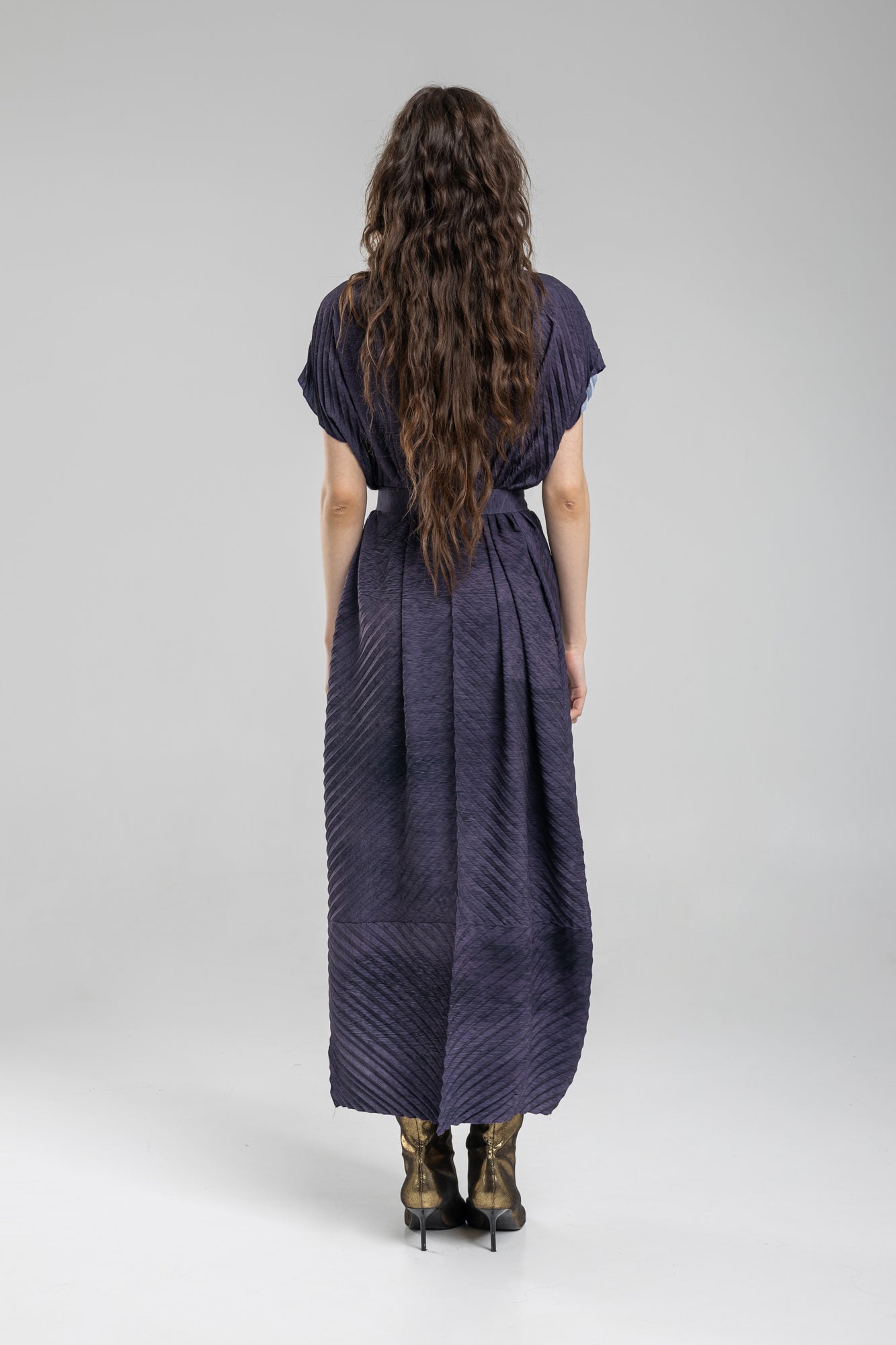 Pleated Maxi Dress with short pleated sleeves