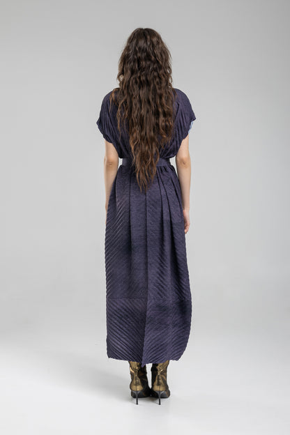 Pleated Maxi Dress with short pleated sleeves