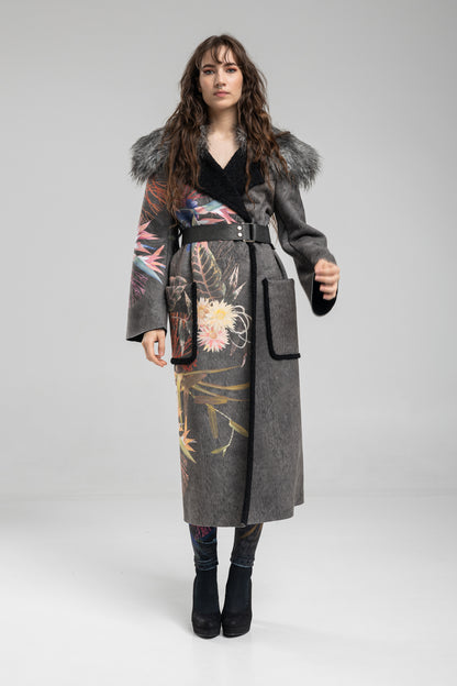 coat with inset leather belt