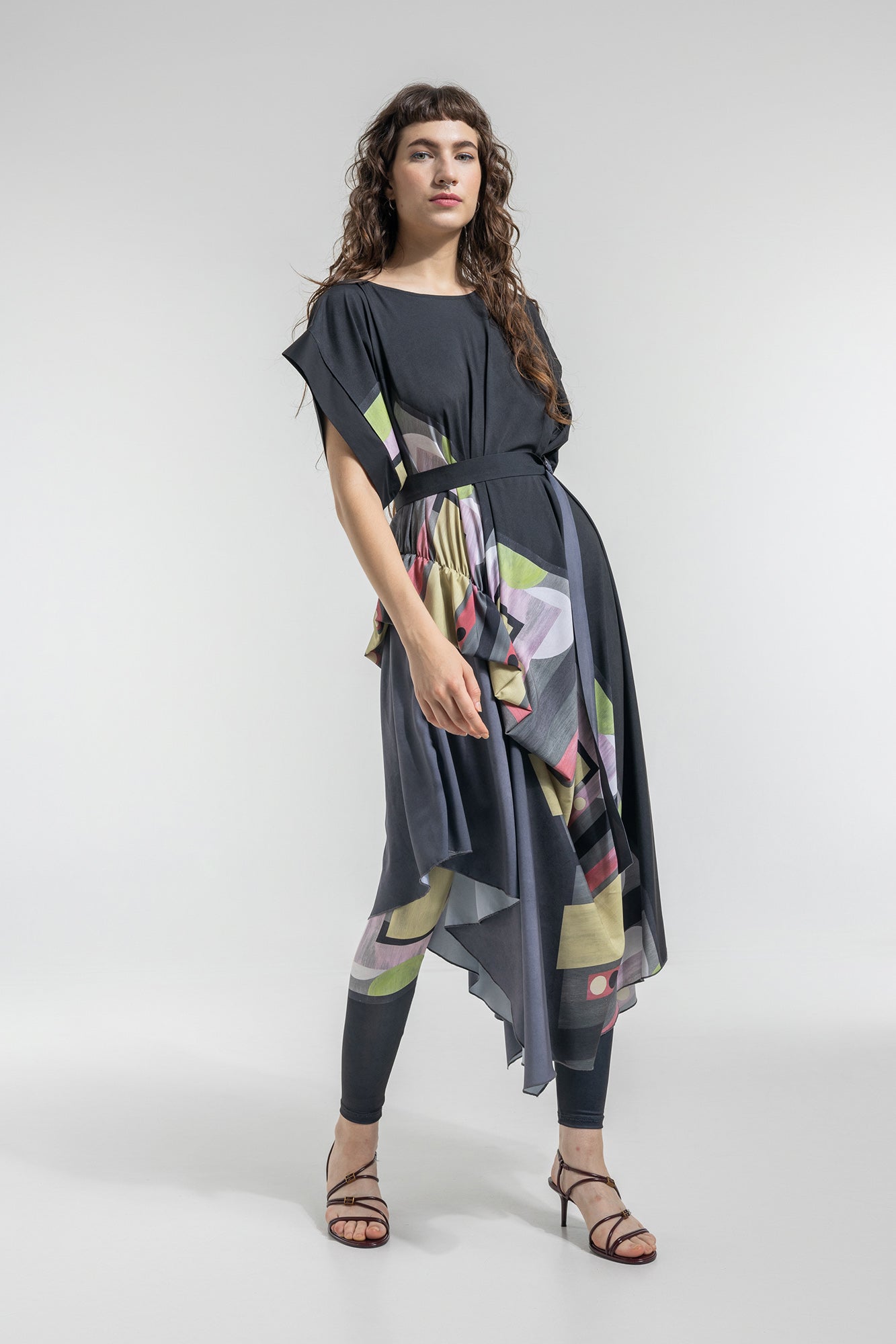 asymmetric maxi dress with matching inset tie belt