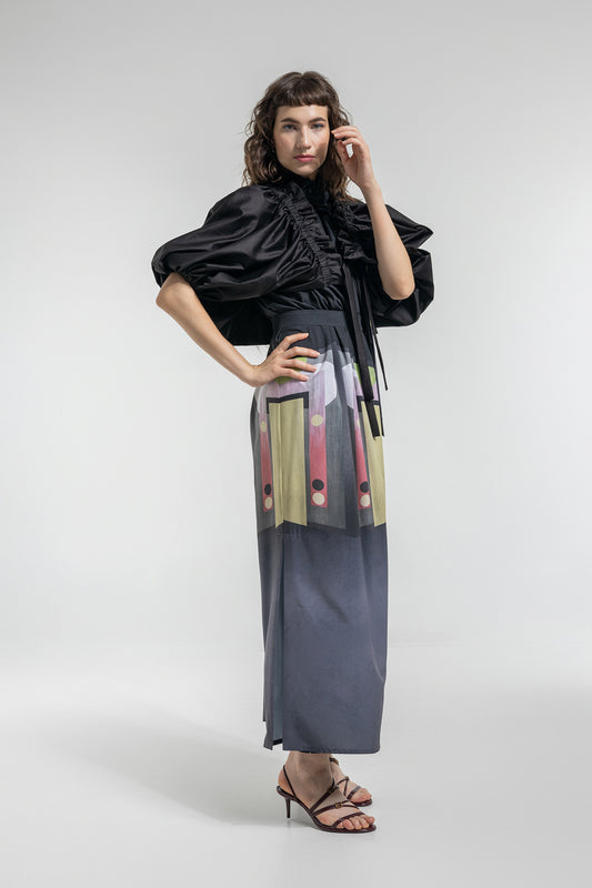 halter neck maxi dress with a black cotton blouson 