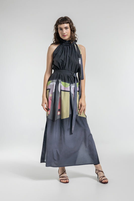 halter neck maxi dress with elastic gathered neckline