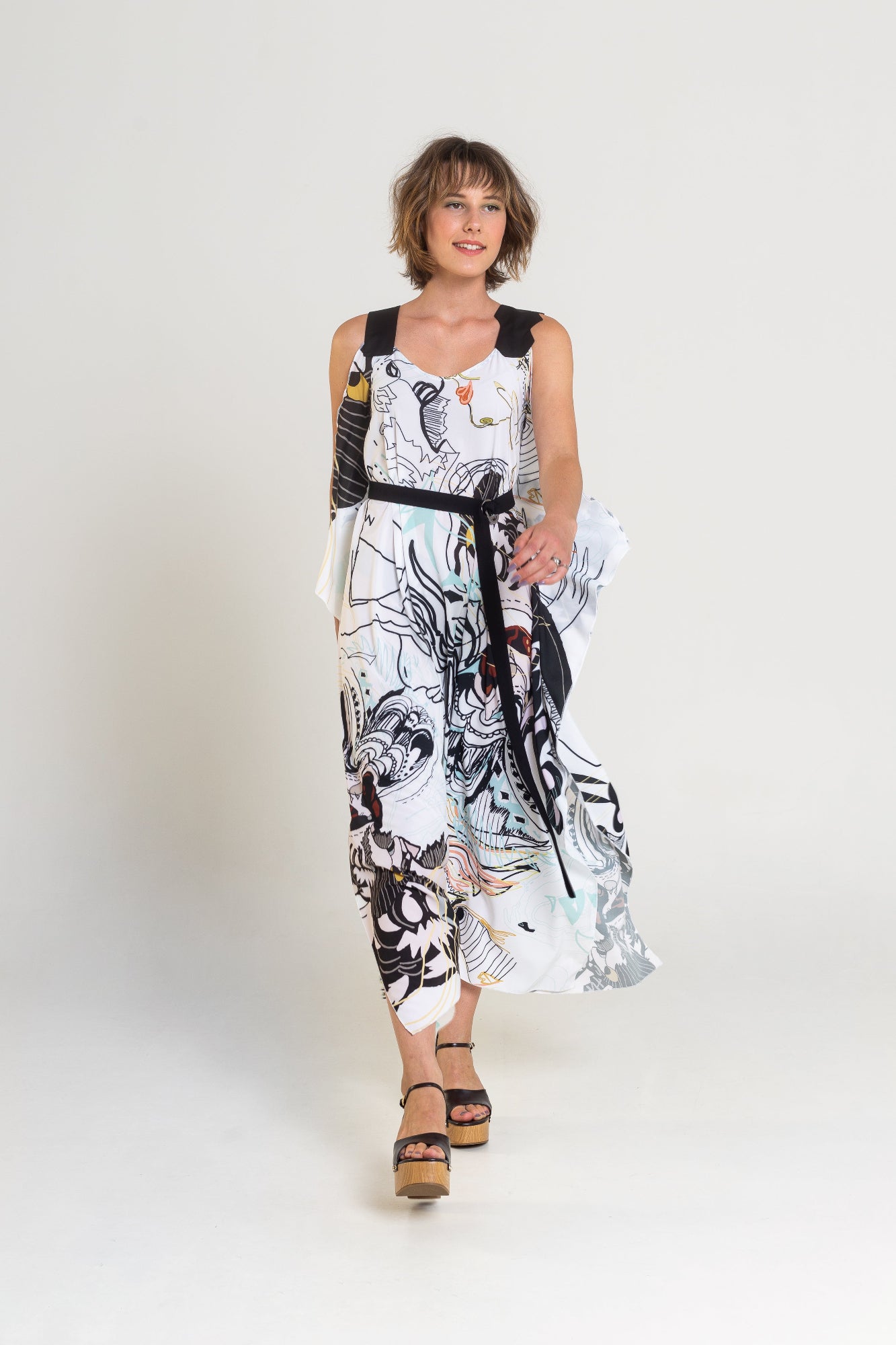 printed midi dress with inset tie belt artista budapest