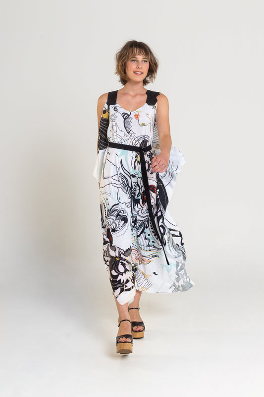 printed midi dress with inset tie belt artista budapest