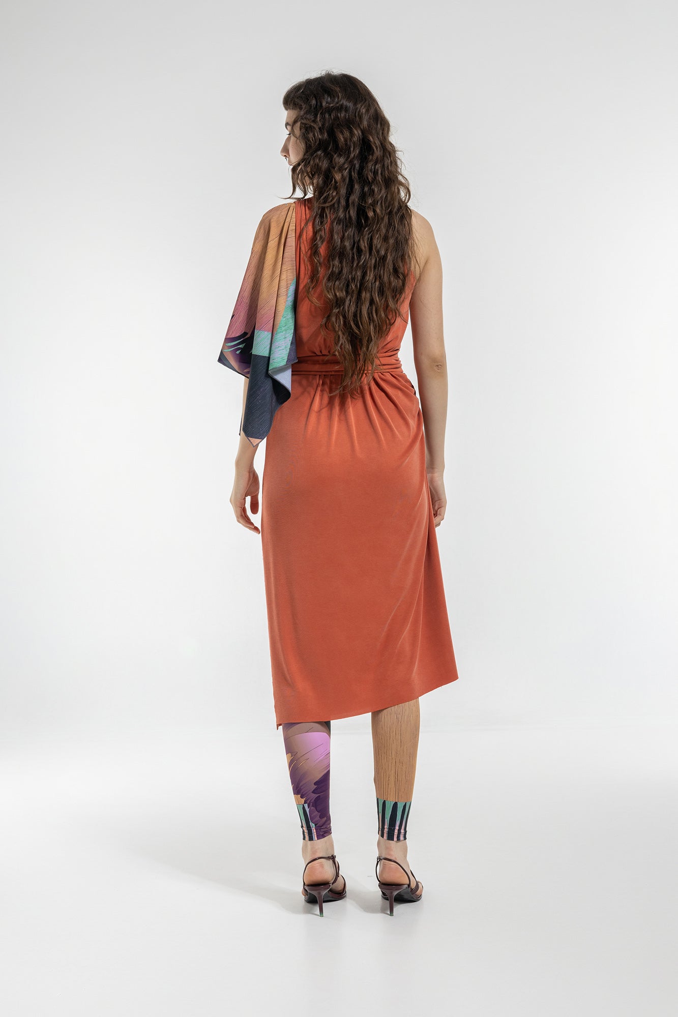 one shoulder below-the-knee-length dress