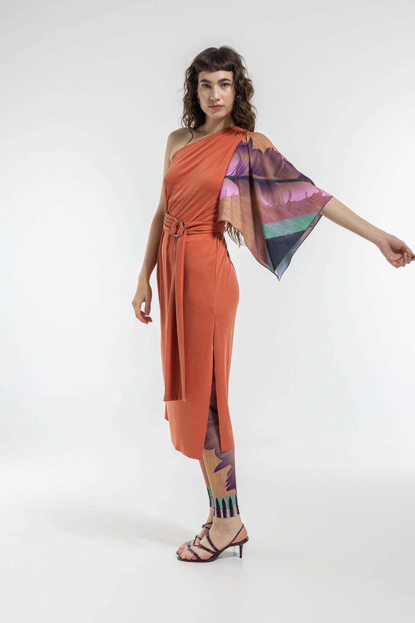 one shoulder midi dress inset wide tie belt