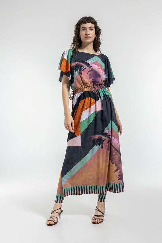 colourful unique printed dress with elastic waistline