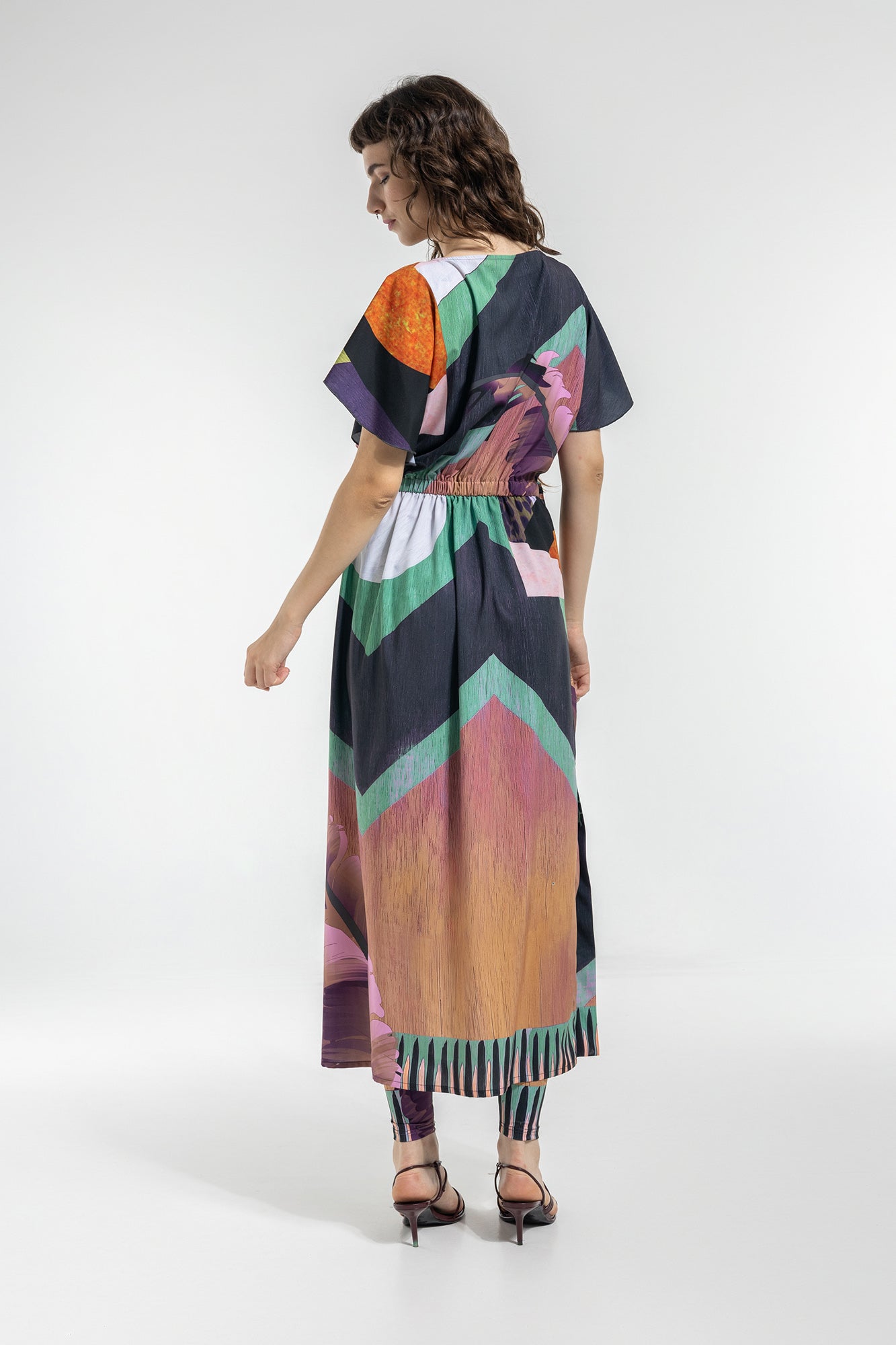 unique printed maxi dress with elastic waistline and tie belt