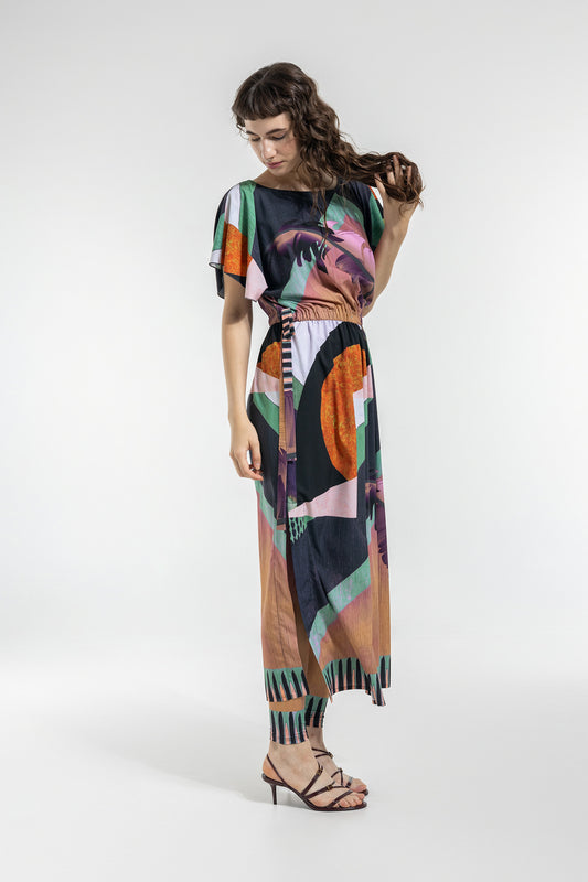 colourful maxi dress with butterfly short sleeves
