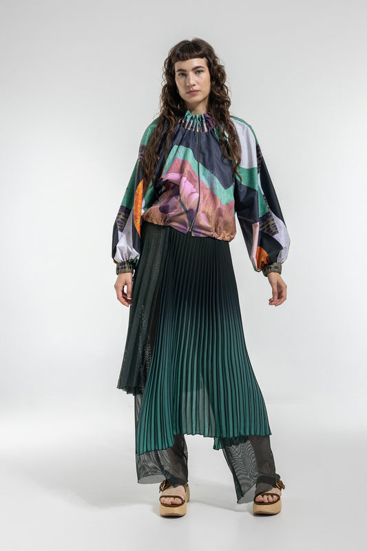 printed zipped jacket with elastic ruffled collar