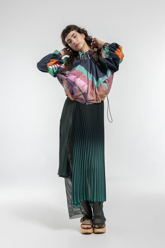 printed zipped jacket with ruffled collar