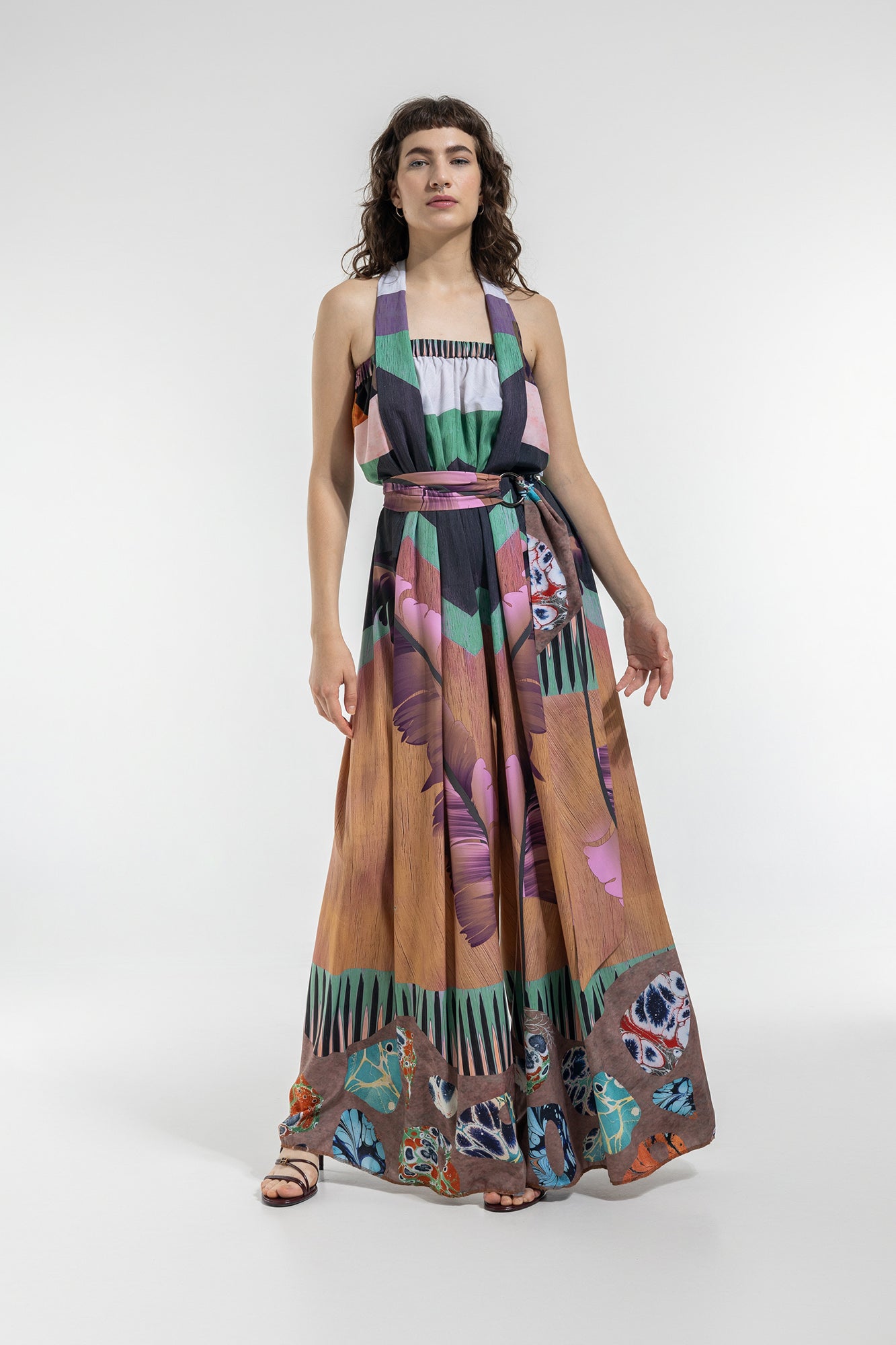 wide palazzo leg jumpsuit halter neck finish