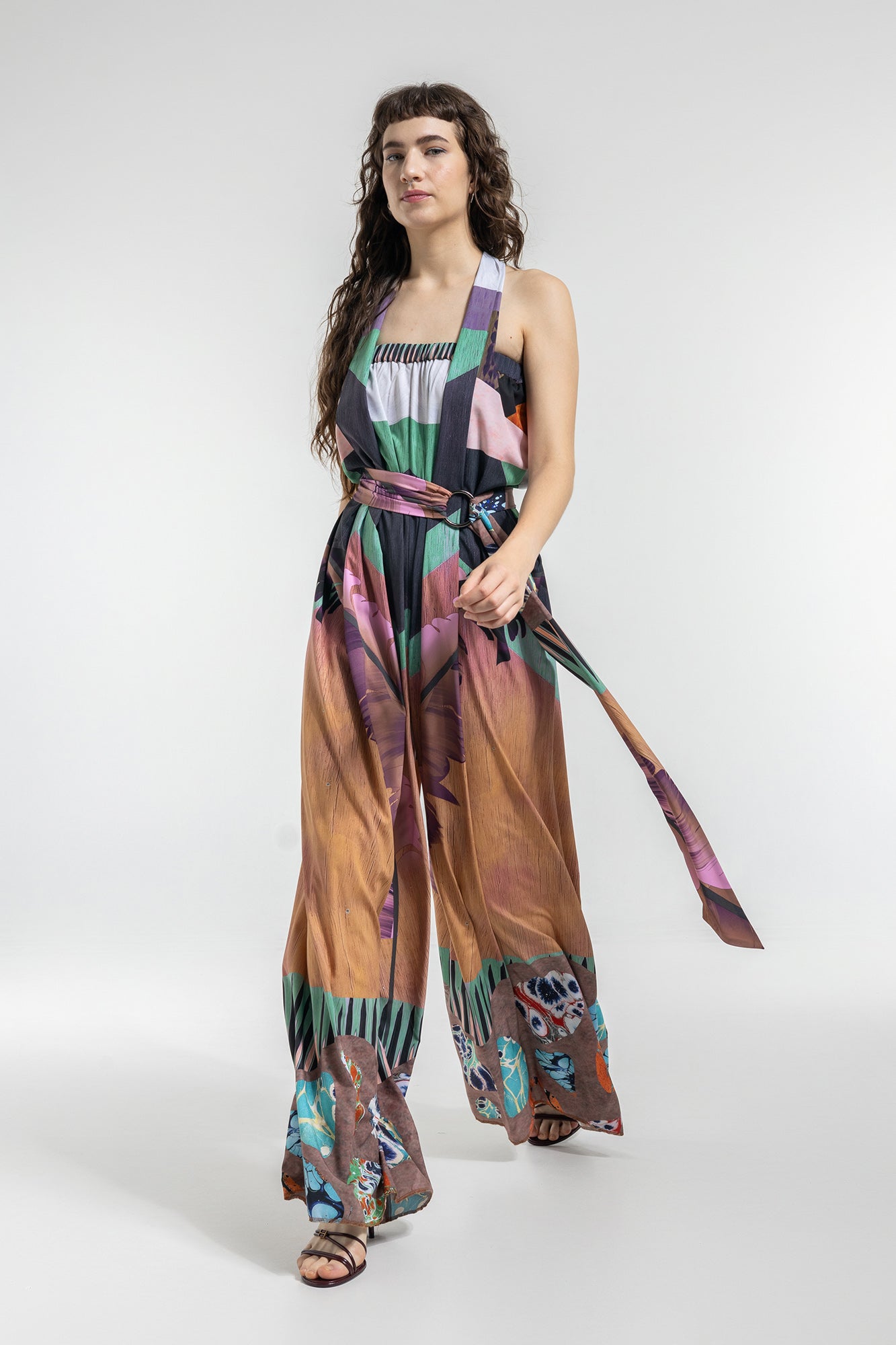 wide palazzo leg jumpsuit with matching printed tie belt