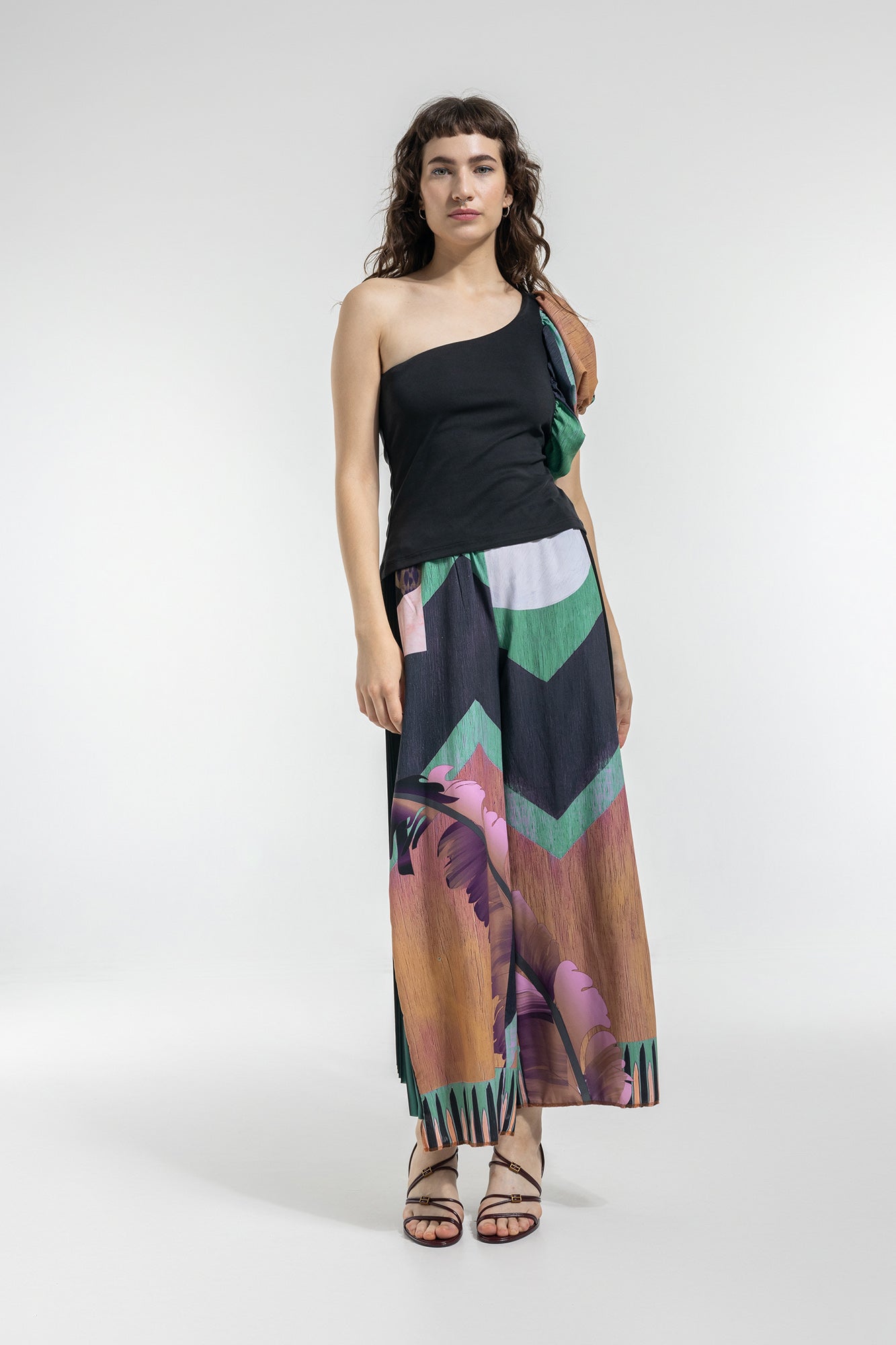 one shoulder top unique printed bubble sleeve on left