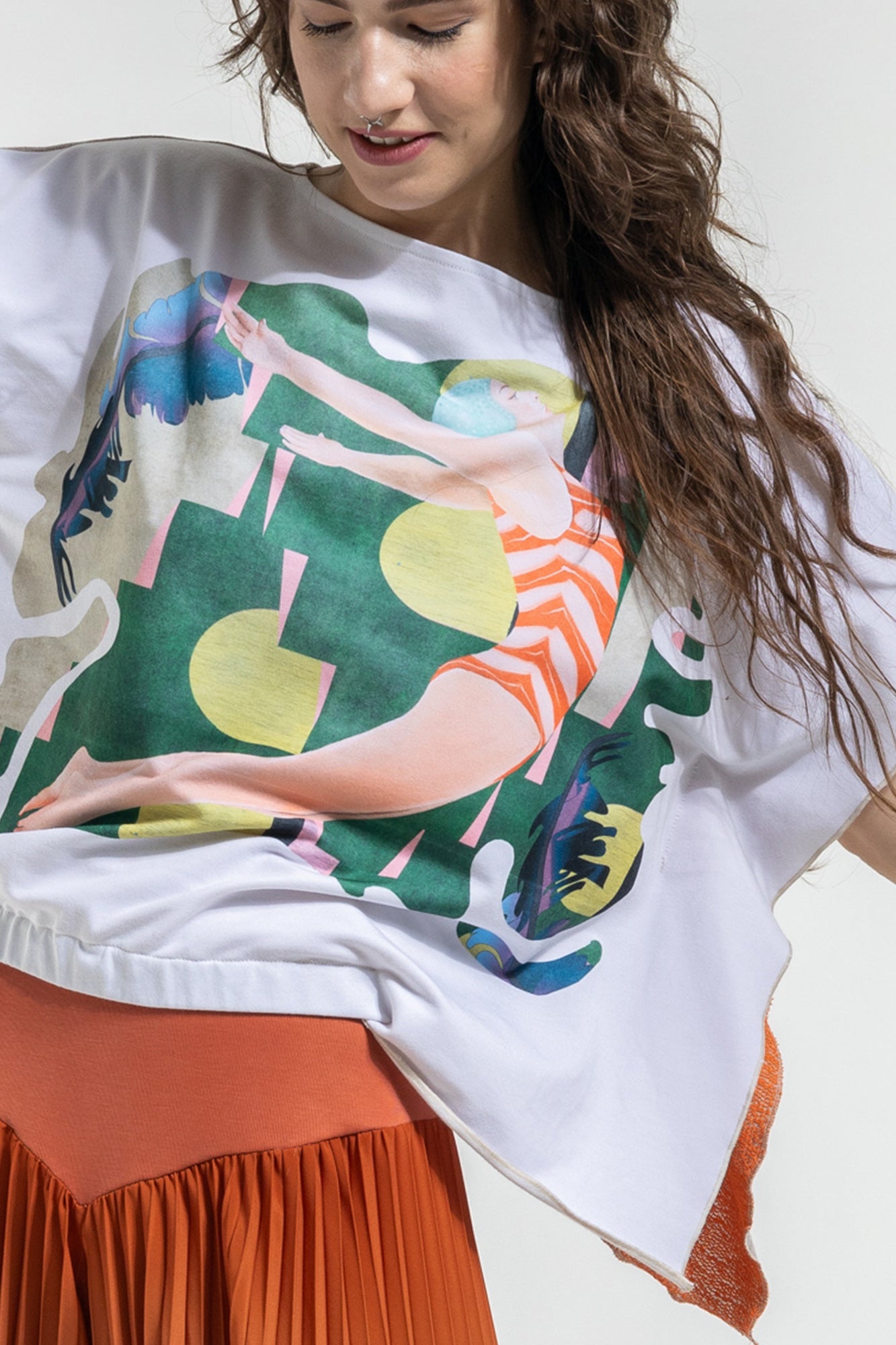 asymmetric top with unique printed front