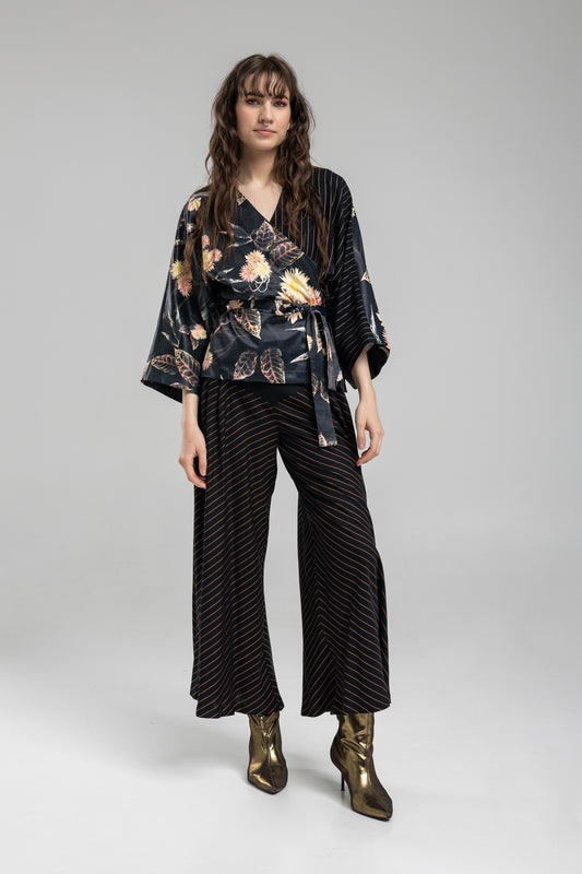 cropped culottes of pinstriped fabric