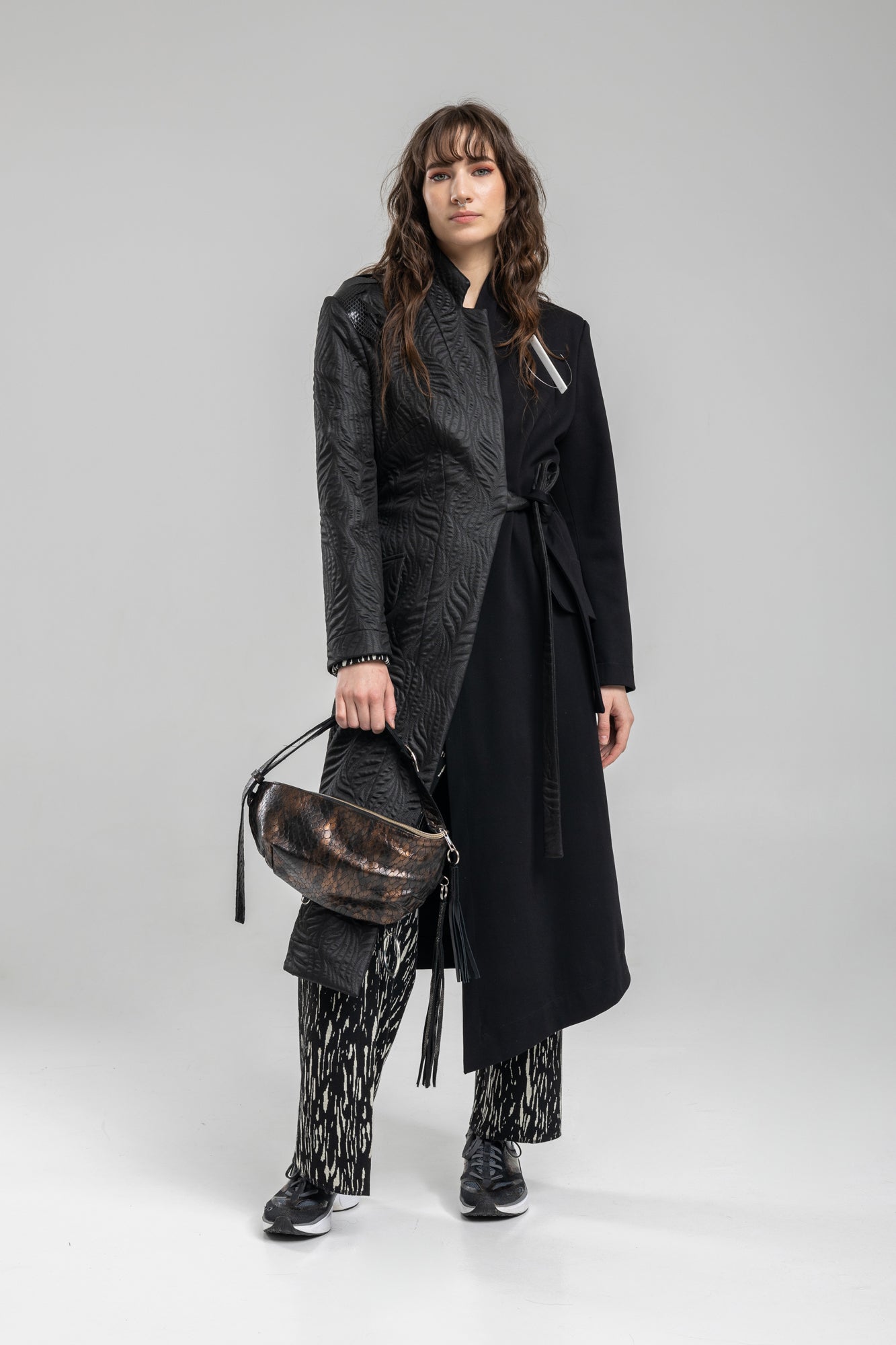 maxi jacket with printed jacquard fabric