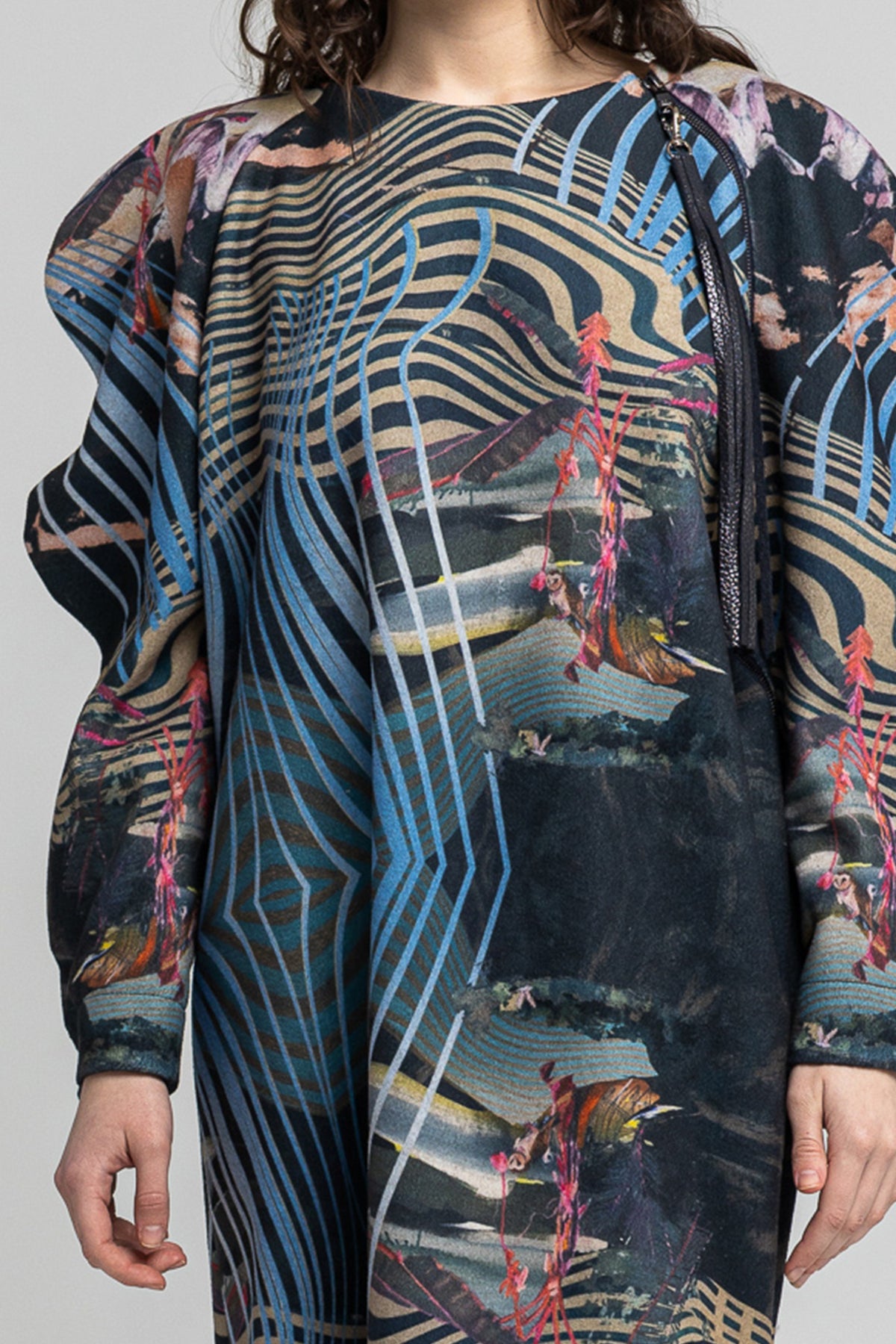 oversized midi dress with unique frilled right sleeve artista budapest